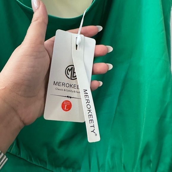 Merokeety Women’s Large Green One-Shoulder Satin Wrap Midi Dress with Slit - Picture 8 of 12